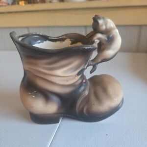 Vintage Ardco Planter Boot with Kitty Cat Climbing on Top Ceramic Planter c.1960